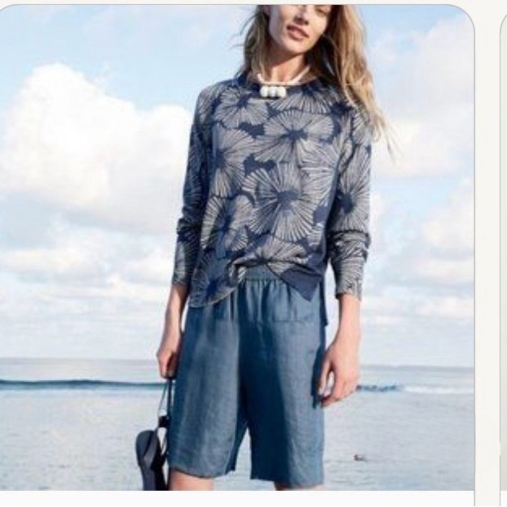 J Crew Sweater Womens Blue Floral Linen Thin Knit Blue Side Slits Lightweight XS